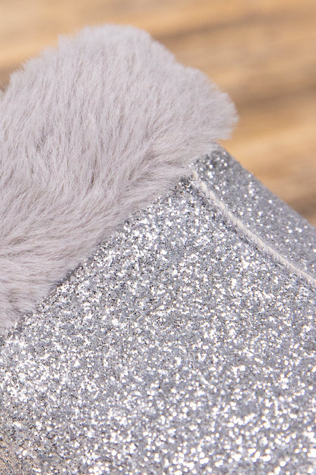 Silver Shimmer Faux Fur Trim Slippers - Filly Flair