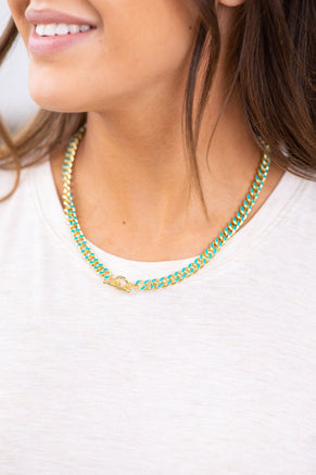 Turquoise and Gold Enamel Thick Chain Necklace - Filly Flair