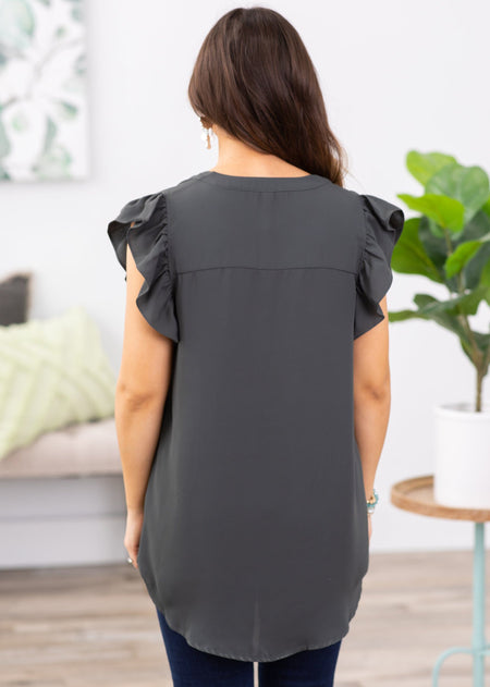 Charcoal Flutter Sleeve Top With Notch Neck - Filly Flair