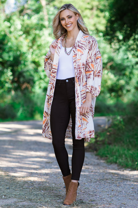 Ivory and Brown Palm Print Mid Length Cardigan - Filly Flair