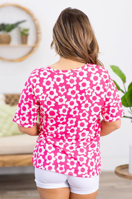 Hot Pink and White Floral Print V-Neck Top - Filly Flair