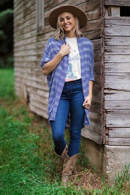 Dusty Blue Heathered Stripe Cardigan - Filly Flair