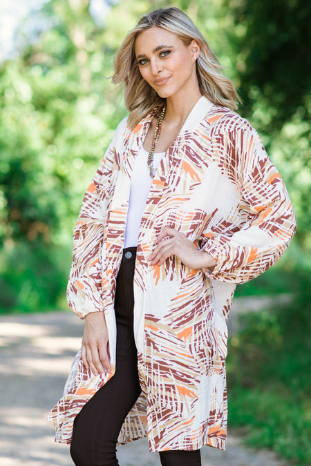 Ivory and Brown Palm Print Mid Length Cardigan - Filly Flair