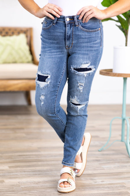 Judy Blue Navy Patch Distressed Jeans - Filly Flair