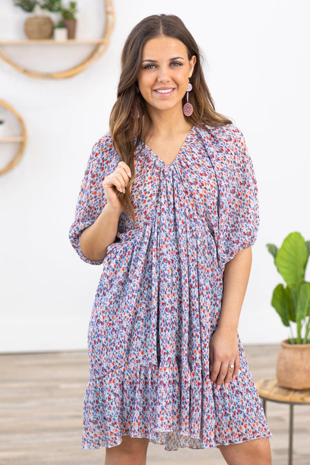 Pastel Blue and Red Floral Print V-Neck Dress - Filly Flair