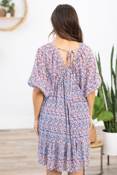 Pastel Blue and Red Floral Print V-Neck Dress - Filly Flair