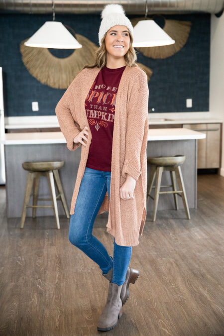 Tan Open Knit Tab Sleeve Long Cardigan - Filly Flair