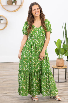 Green Multicolor Floral Puff Sleeve Maxi Dress - Filly Flair