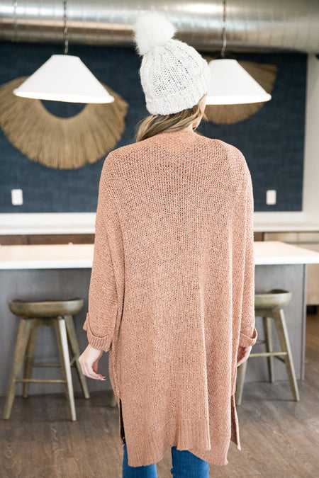 Tan Open Knit Tab Sleeve Long Cardigan - Filly Flair