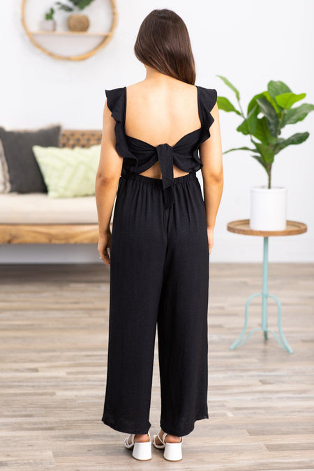 Black Smocked Bodice Ruffle Strap Jumpsuit - Filly Flair