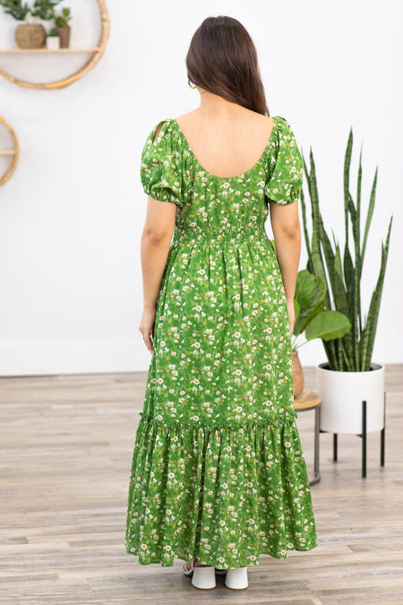 Green Multicolor Floral Puff Sleeve Maxi Dress - Filly Flair