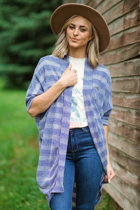 Dusty Blue Heathered Stripe Cardigan - Filly Flair