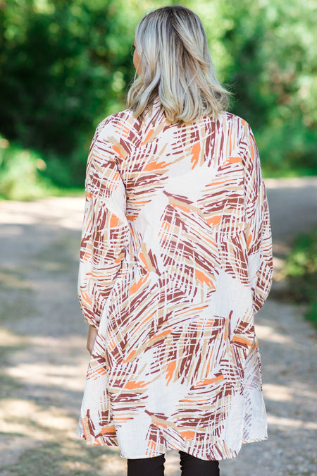 Ivory and Brown Palm Print Mid Length Cardigan - Filly Flair