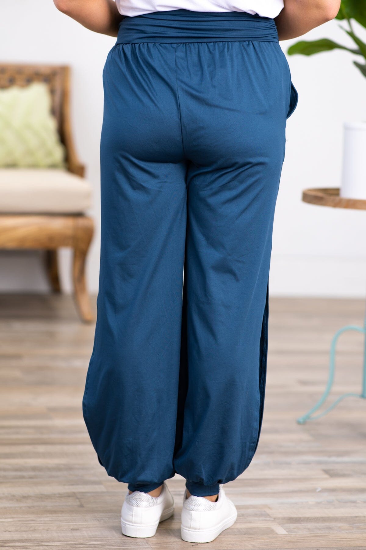 Dark Teal Ruched Waist Joggers With Side Slits - Filly Flair