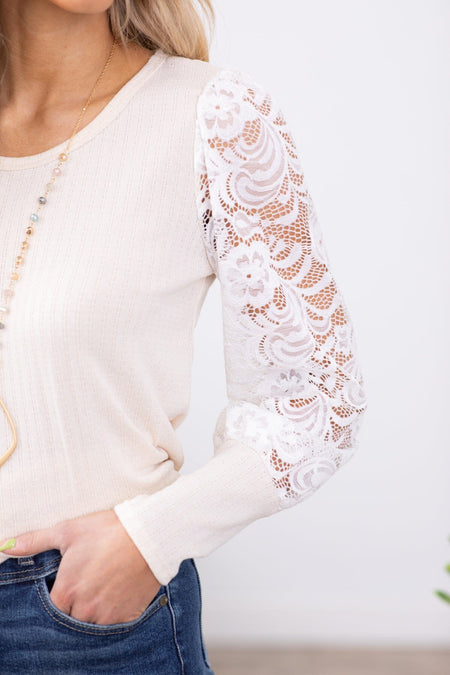 Cream Waffle Knit Lace Sleeve Top - Filly Flair