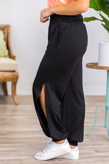 Black Ruched Waist Joggers With Side Slits - Filly Flair