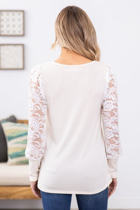 Cream Waffle Knit Lace Sleeve Top - Filly Flair