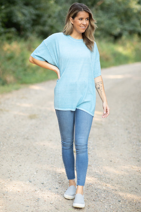 Blue Drop Shoulder Round Neck Top - Filly Flair