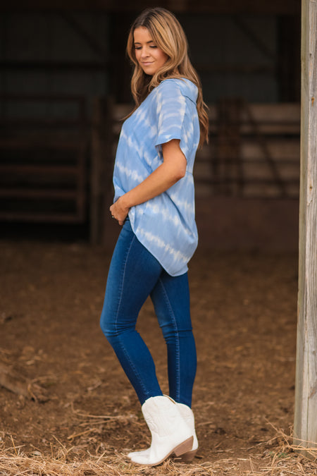 Pastel Blue Tie Dye Cuffed Sleeve Top - Filly Flair