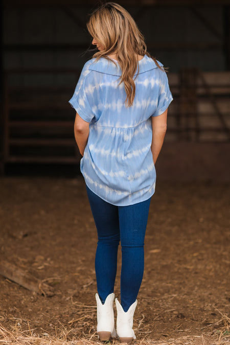 Pastel Blue Tie Dye Cuffed Sleeve Top - Filly Flair