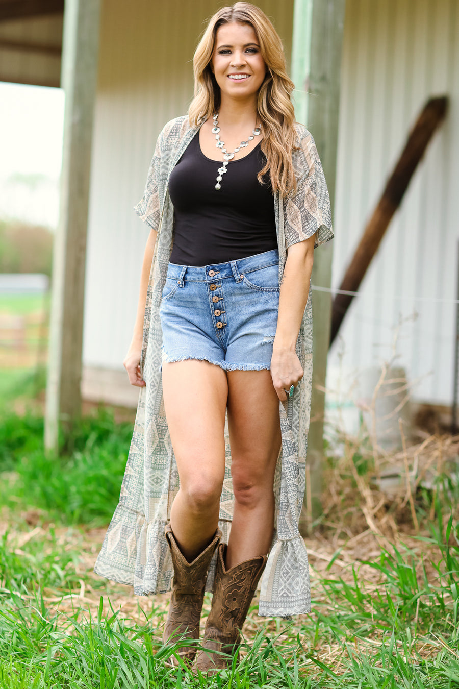 Khaki and Dusty Blue Aztec Print Cardigan - Filly Flair