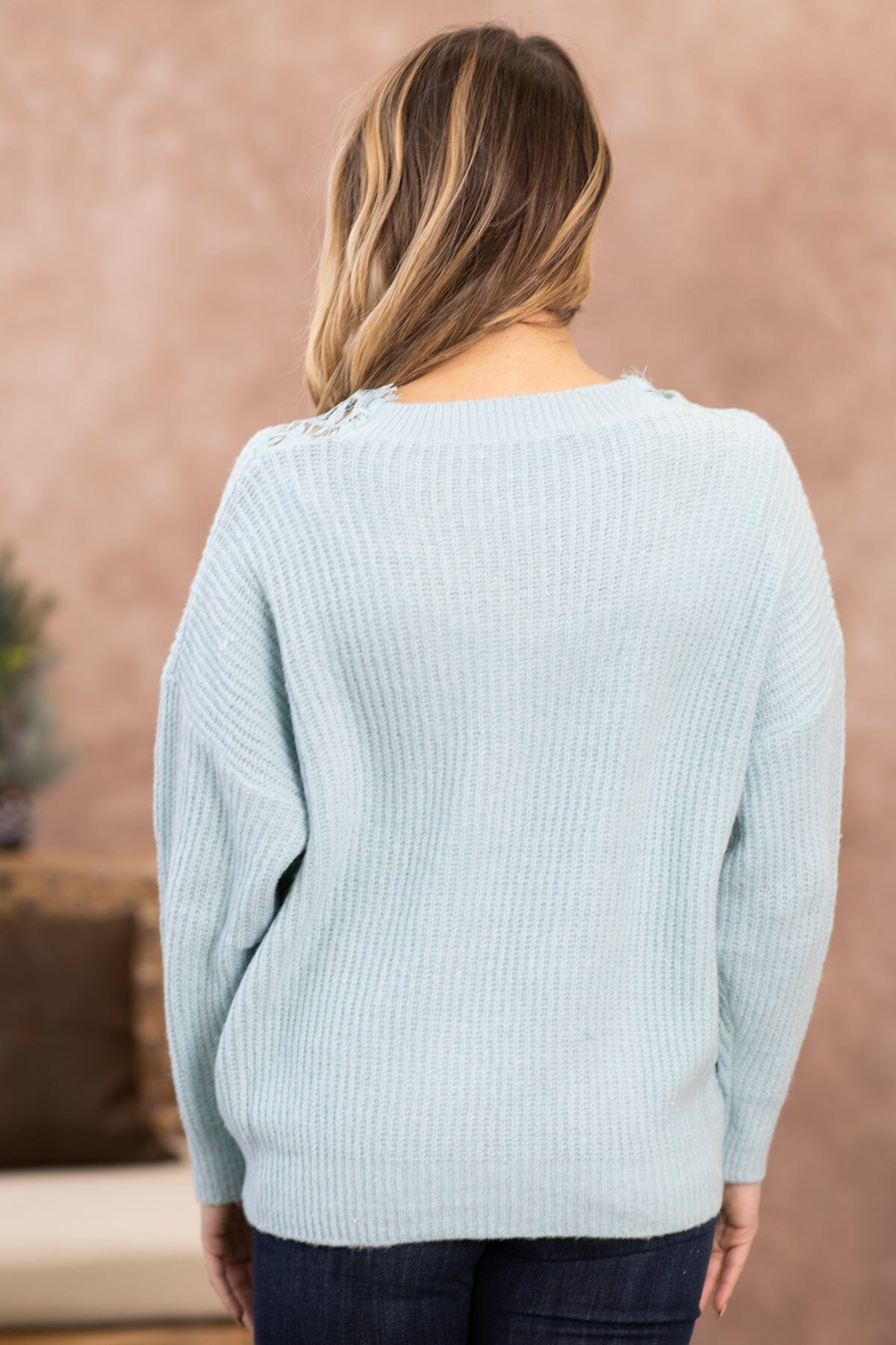 Baby Blue Lace Trim Rib Knit Sweater - Filly Flair