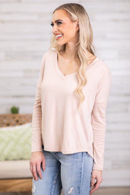 Beige V-Neck Long Sleeve Top - Filly Flair