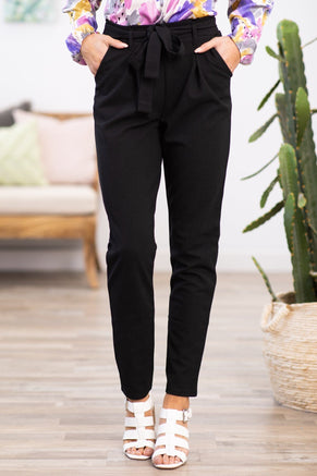 Black Tie Waist Pleat Dress Pants - Filly Flair