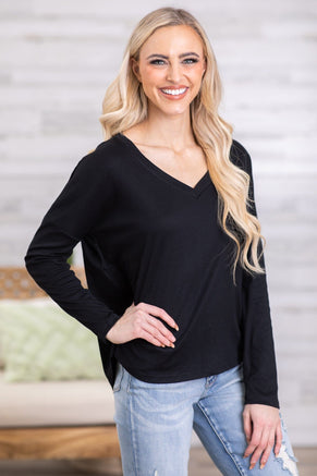 Black V-Neck Long Sleeve Top - Filly Flair