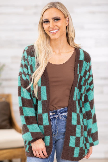 Brown and Turquoise Checkerboard Cardigan - Filly Flair