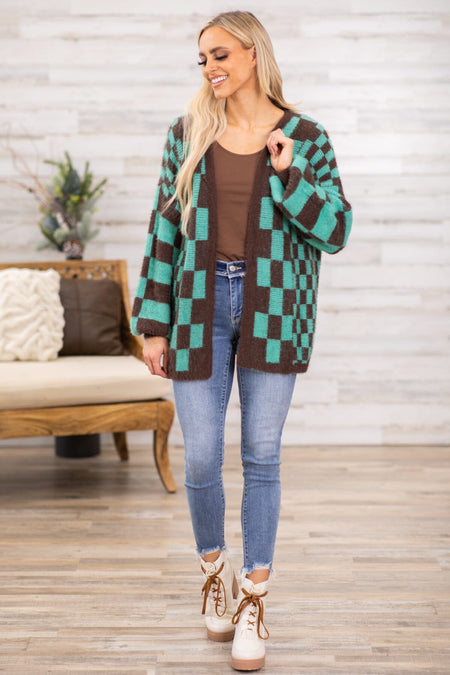 Brown and Turquoise Checkerboard Cardigan - Filly Flair