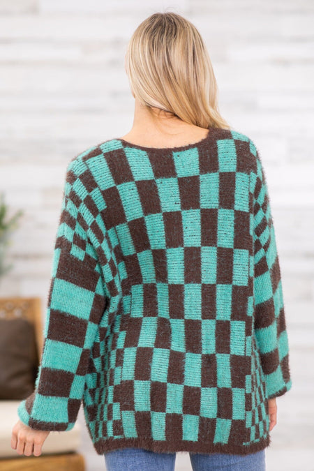 Brown and Turquoise Checkerboard Cardigan - Filly Flair