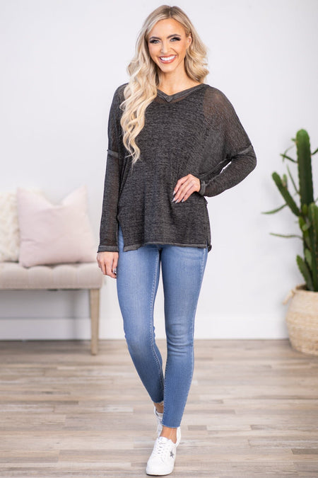 Charcoal Melange Burnout V-Neck Top - Filly Flair