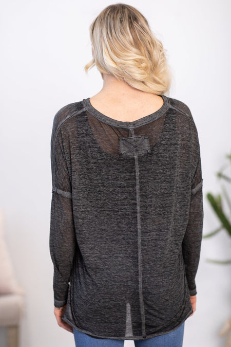 Charcoal Melange Burnout V-Neck Top - Filly Flair