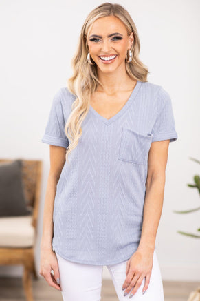 Dusty Blue Short Sleeve Tee With Pocket - Filly Flair