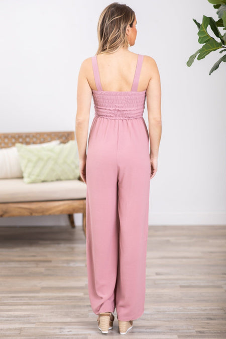 Dusty Rose Smocked Knit Bodice Jumpsuit - Filly Flair