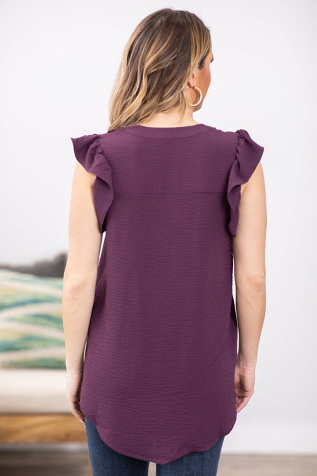 Eggplant Notch Neck Flutter Sleeve Top - Filly Flair