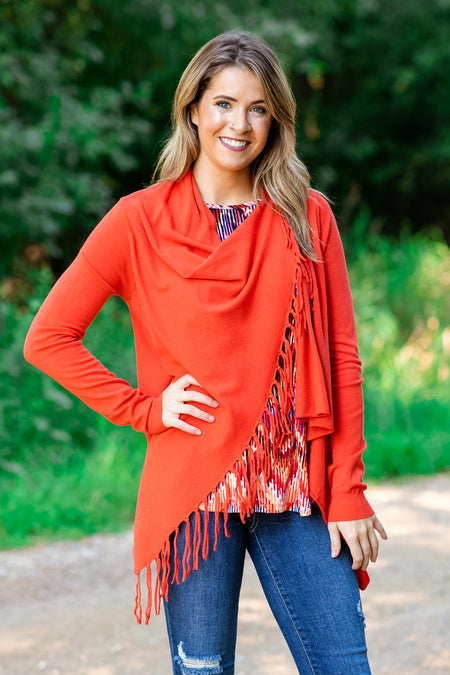 Rust Fringe Trim Cardigan - Filly Flair