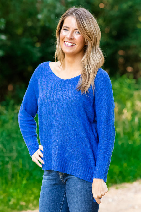 Royal Blue V-Neck Lightweight Sweater - Filly Flair