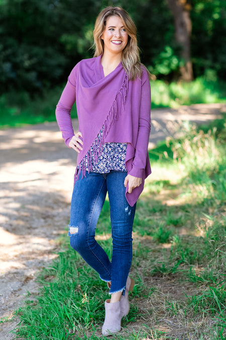 Mauve Fringe Trim Cardigan - Filly Flair