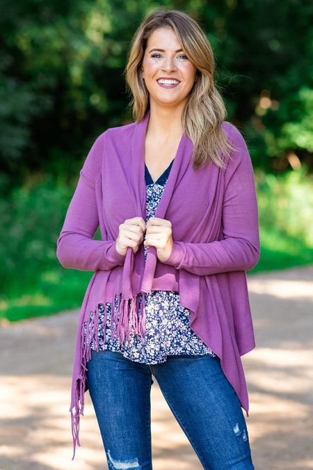 Mauve Fringe Trim Cardigan - Filly Flair