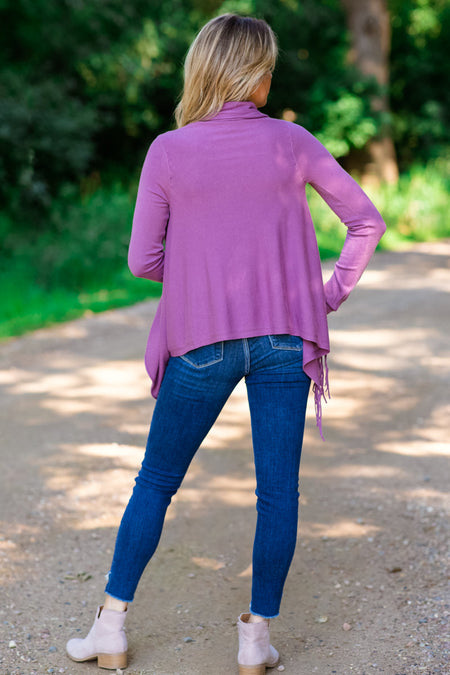 Mauve Fringe Trim Cardigan - Filly Flair