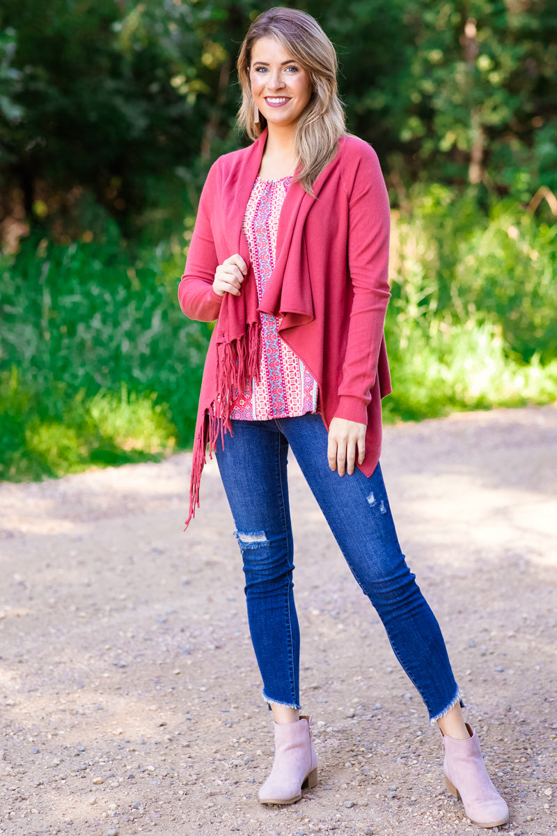 Cardigan with fringe clearance edging