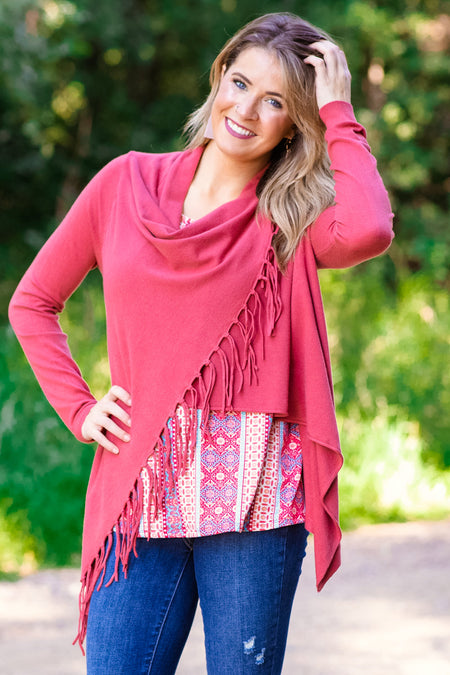 Terra Cotta Fringe Trim Cardigan - Filly Flair