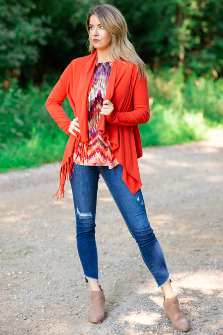 Rust Fringe Trim Cardigan - Filly Flair