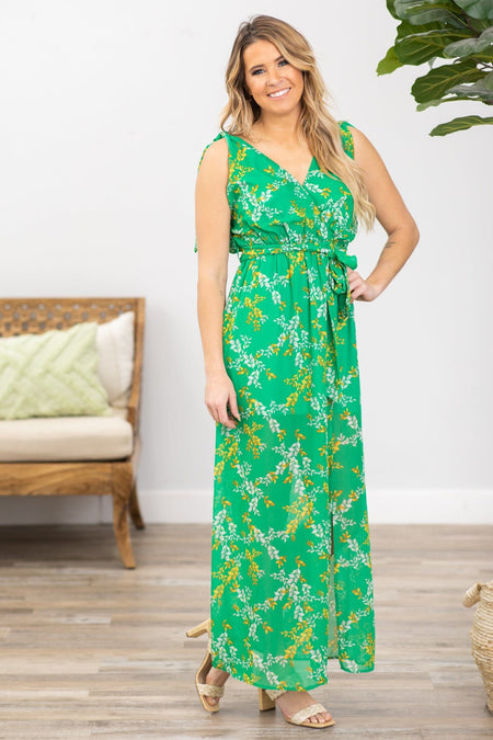 Green Floral Print Surplice Front Maxi Dress - Filly Flair