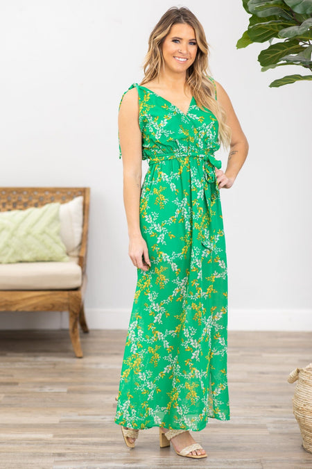 Green Floral Print Surplice Front Maxi Dress - Filly Flair