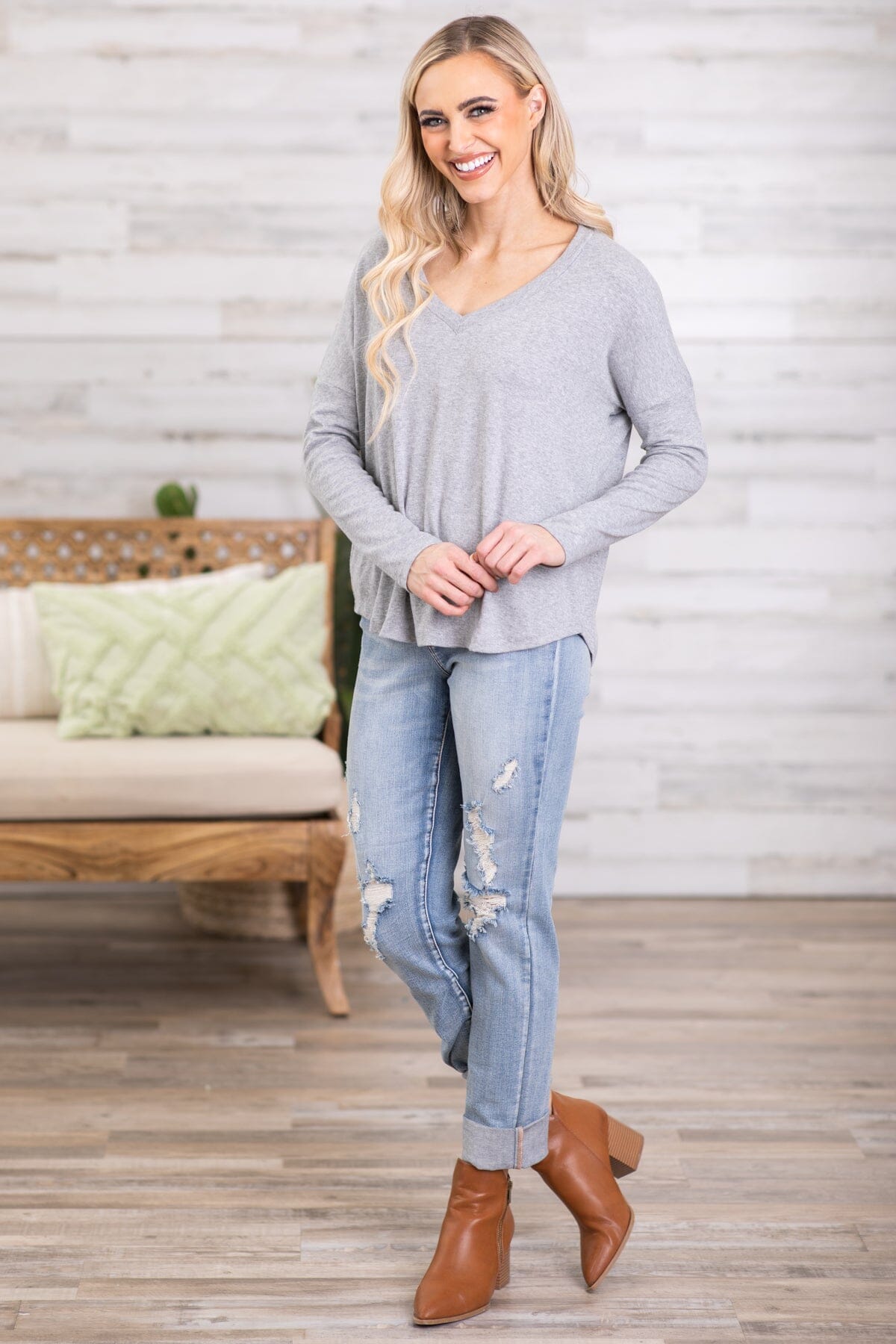 Grey V-Neck Long Sleeve Top - Filly Flair