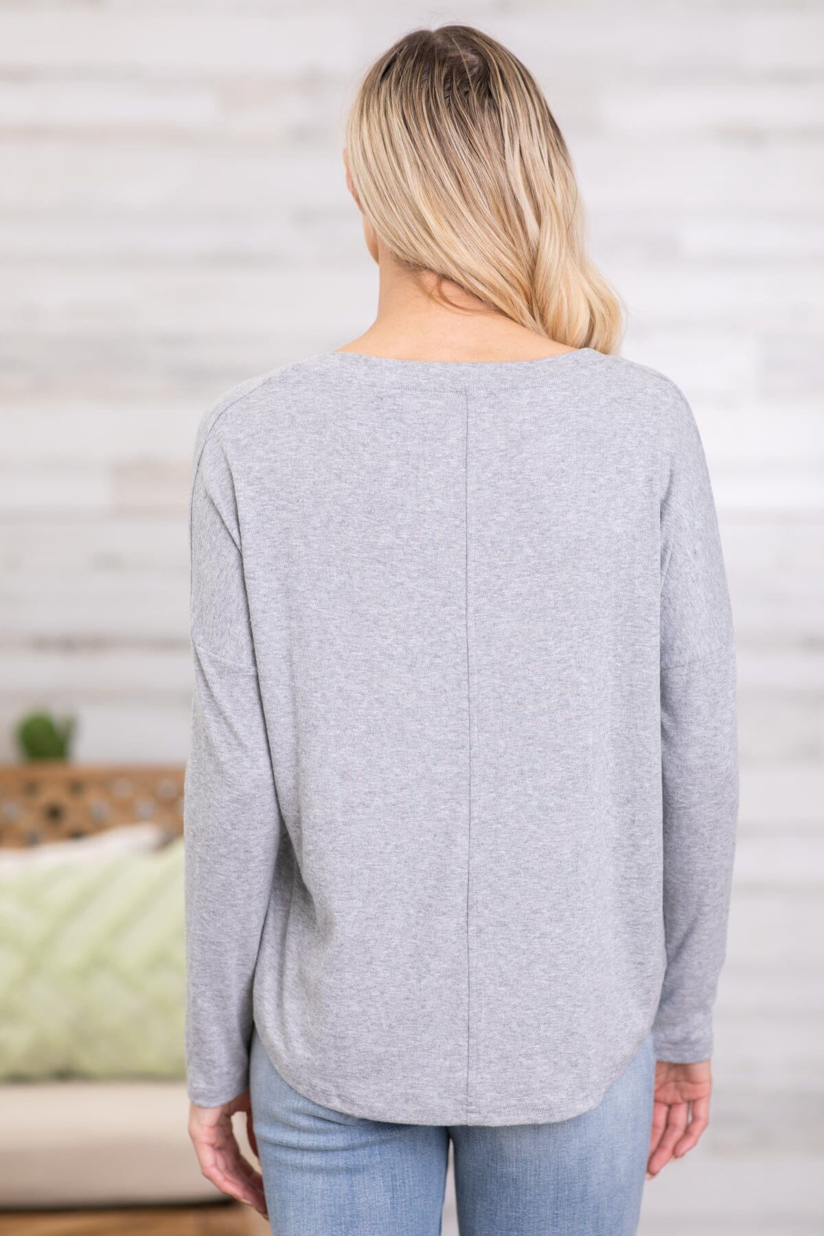 Grey V-Neck Long Sleeve Top - Filly Flair