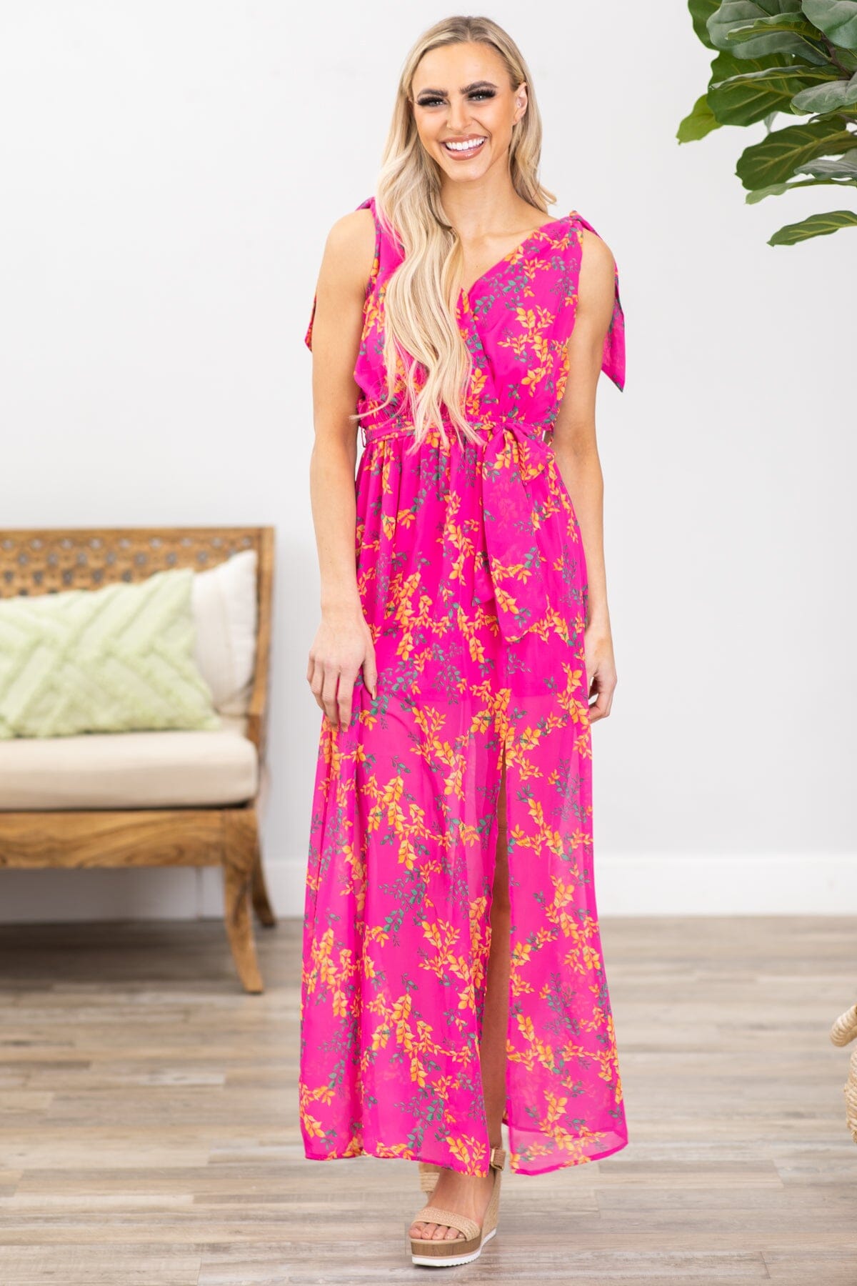 Hot Pink Floral Print Surplice Front Maxi Dress · Filly Flair